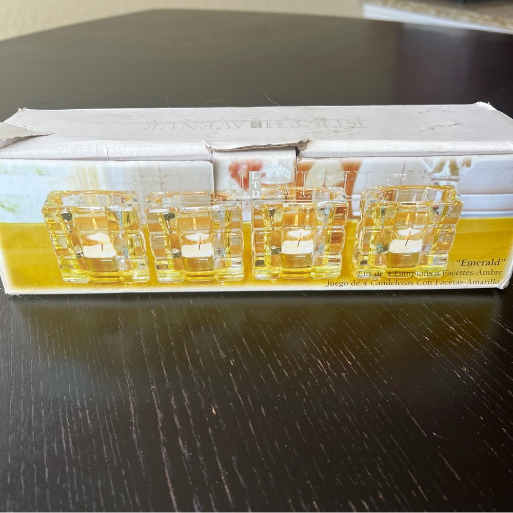 Fifth Avenue Crystal “Emerald” Yellow Faceted Glass Votive Candle Holder NEW
